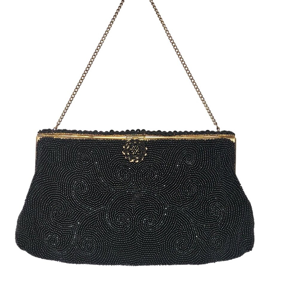 Vintage 1930 era Black Seed Beaded Floral Swirl Clutch Purse Evening Bag Elegant